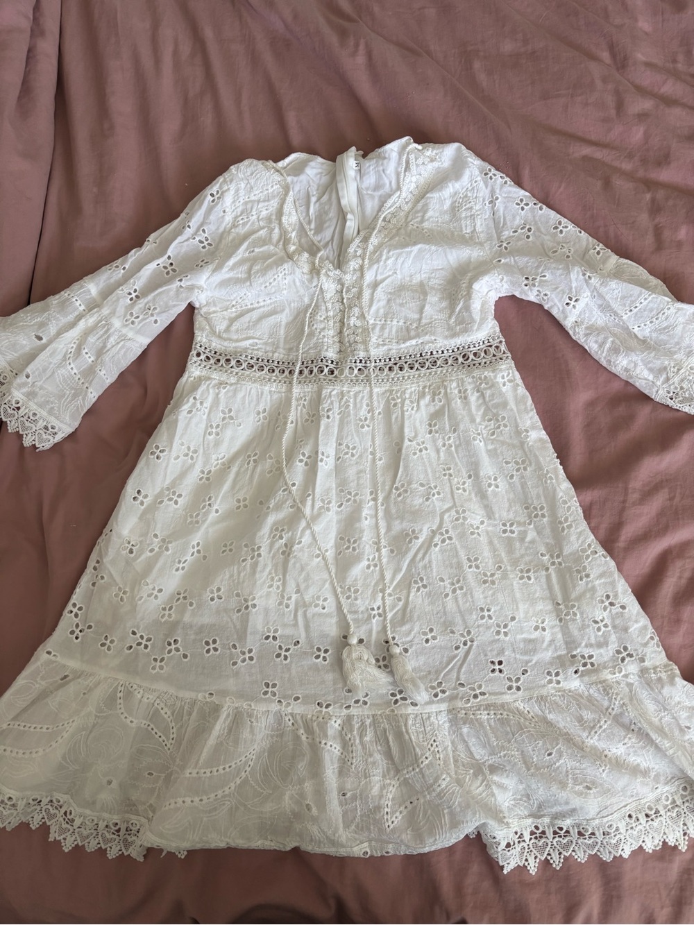 Girls' White Eyelet Lace Formal Dress with Long Sleeves